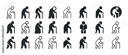 Elderly figure icons: diverse poses with canes in black and whit