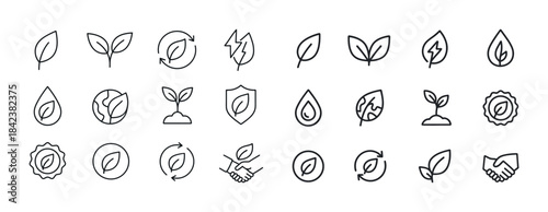 Set of eco-friendly icons: leaves, water drops, recycle symbols,