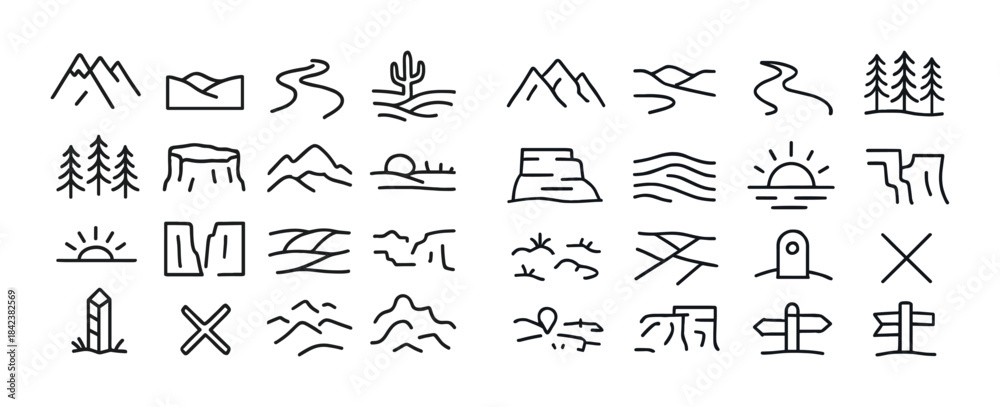 Obraz premium Minimalist landscape icons illustrating mountains and nature ele