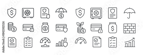 Financial and security icons including safe, umbrella, coins, an