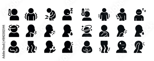 Collection of illness and symptom icons including fever, coughin