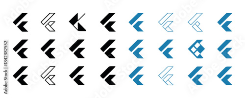 Flutter logo design variations in black and blue