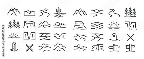 Minimalist landscape icons illustrating mountains and nature ele