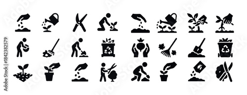 Gardening icons set: planting, watering, and recycling symbols