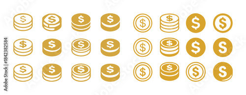 Collection of gold dollar coin icons in various artistic styles