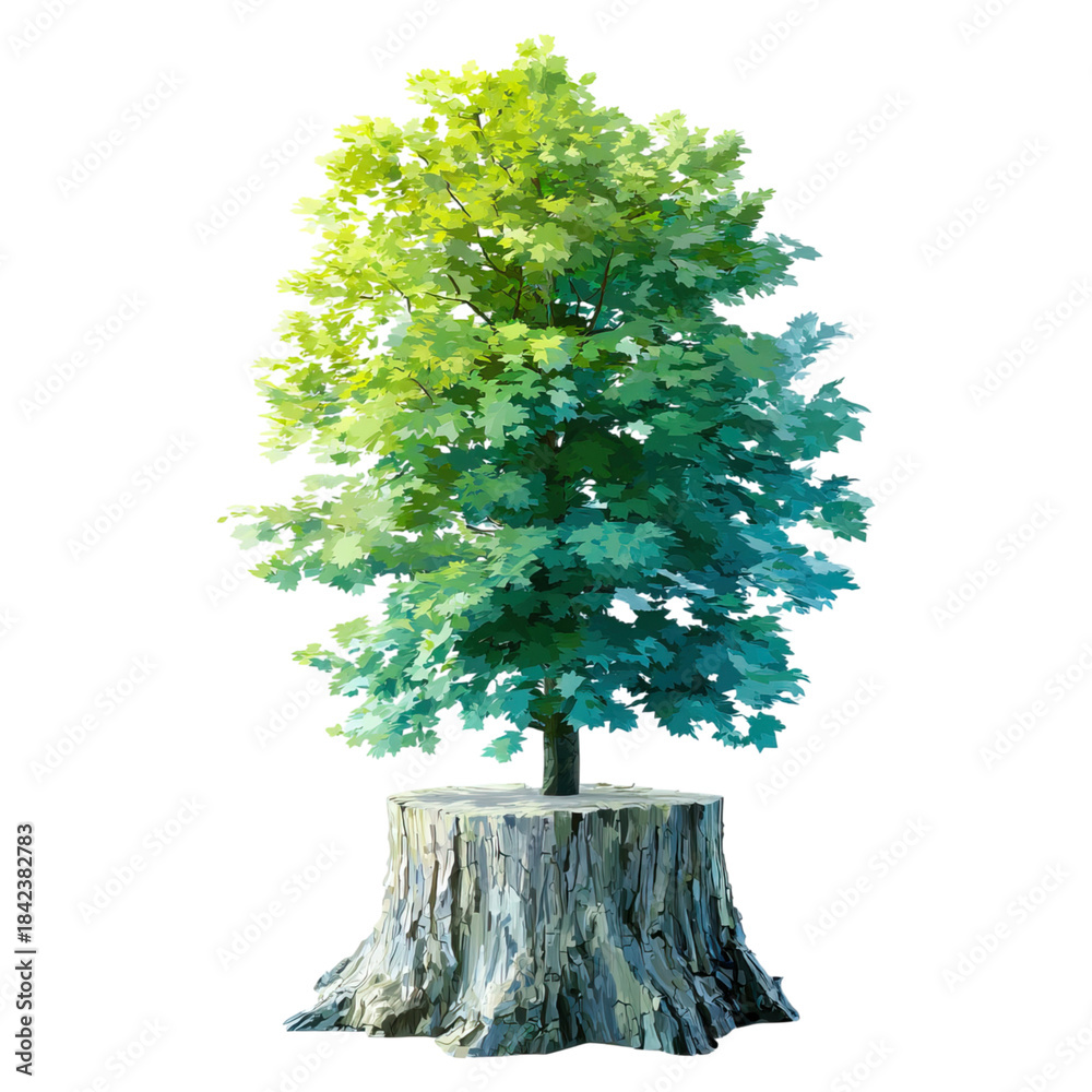 Fototapeta premium Remains of a felled tree with stump cut concept. Vibrant green tree growing from a tree stump with lush foliage.