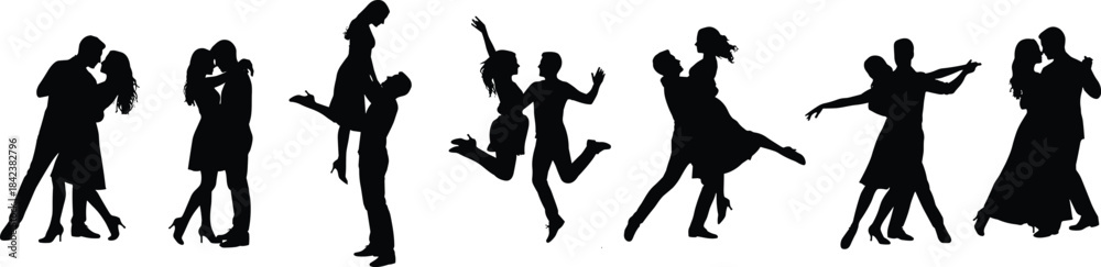 Obraz premium Silhouettes of dancing couples in joyful and expressive poses representing romance, celebration, movement, harmony, love, connection, and energetic dance performance.