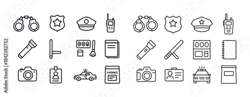 Law enforcement icons: handcuffs, badge, radio, flashlight, came