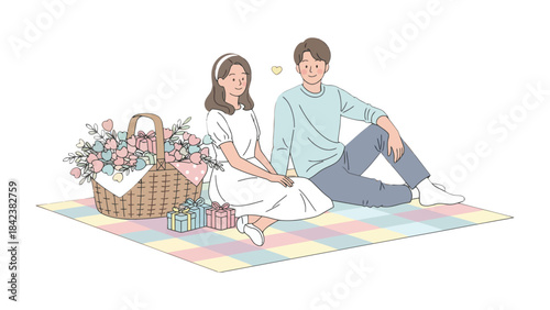 Romantic Picnic: A couple shares a tender moment amidst a picturesque picnic setting. A basket overflows with vibrant roses, a perfect scene of serenity and connection.