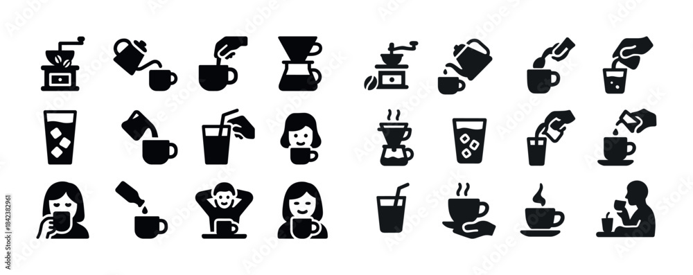 Obraz premium Coffee icons: brewing, drinking, preparing diverse styles in mon