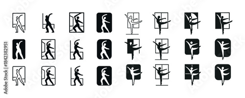 Stylized dance and movement icons in minimalist black and white