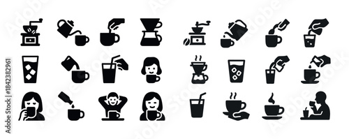 Coffee icons: brewing, drinking, preparing diverse styles in mon