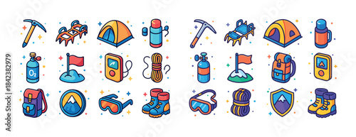 Colorful mountain climbing gear icons collection