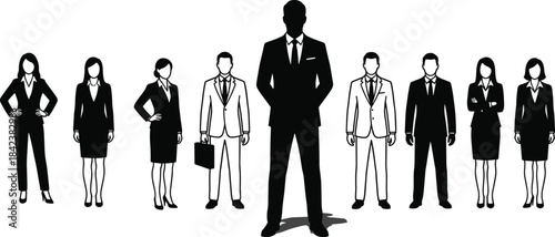 Silhouettes of a professional business team with central leader figure representing corporate leadership, teamwork, confidence, organization, unity, success, and modern workplace culture.