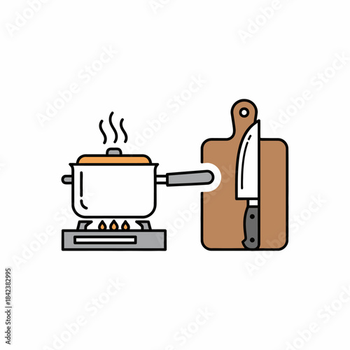 Cooking Scene with Pot on Stove and Knife on Cutting Board.