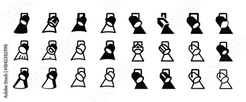 Hand gestures holding phones icon set in black and white