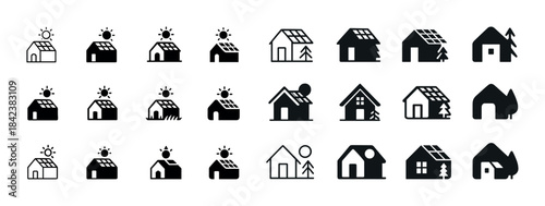 Variety of solar-powered eco houses in minimalist black and whit