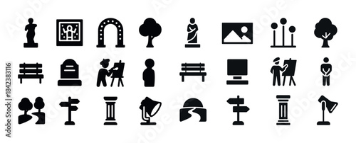 Silhouette icons: art, nature, sculpture, and recreation symbols