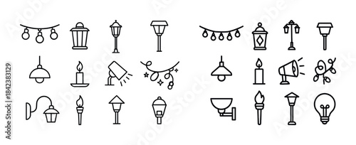 Set of various minimalist line art lighting icons for decoration
