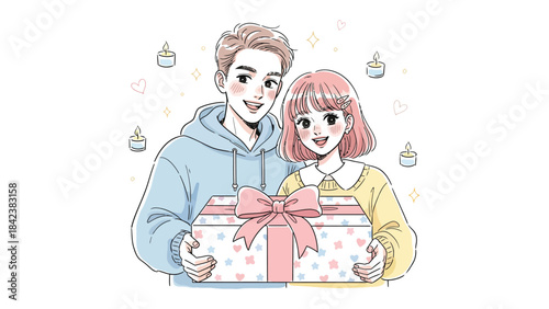 Gift of affection: A lovely couple holding a gift box with a pink ribbon, their eyes gleaming with love and anticipation, surrounded by the soft glow of floating candles.