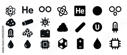 Scientific icons: atoms, helium, uranium, batteries, cubes, chip
