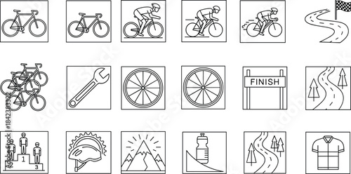 Cycling and bicycle sport line icon set featuring bikes, riders, race elements, tools, helmets, wheels, routes, mountains, and finish symbols