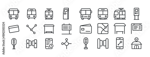 Public transportation icons set: bus, tram, train, ticket, map
