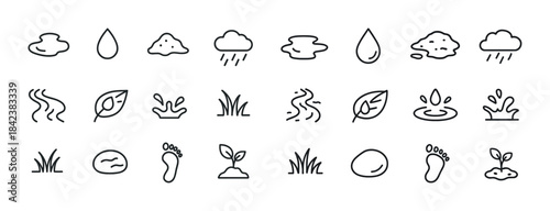 Minimalist nature icons: raindrop, cloud, leaf, footprint, seedl