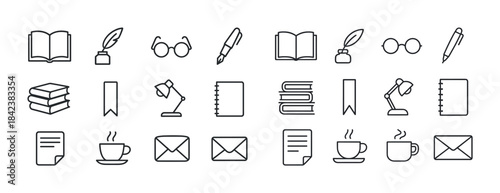 Line art icons of books, writing instruments, and communication