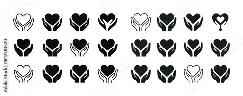 Set of heart and hands icons: variations in solid and outline st