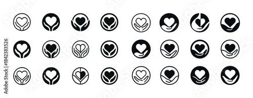 Set of heart and hands icons in various styles and designs