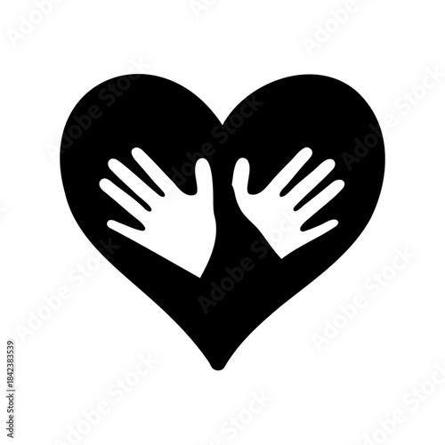 Two helping hands in a heart, representing love, care, and support
