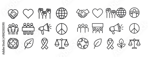 Set of icons representing unity, peace, activism, and environmen