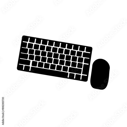 Minimalist black and white vector illustration of a computer keyboard and mouse