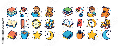 Cozy bedtime icons: child reading, toys, books, moon, stars, war