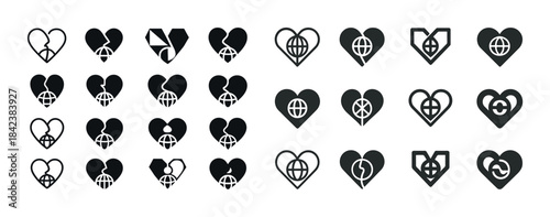 Heart and globe icon set illustrating global love and connection