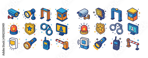 Colorful security icon set featuring cameras and alarm systems