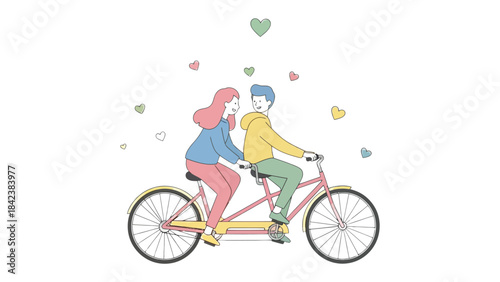 Tandem Ride of Love: A couple, filled with affection, pedals a tandem bicycle, their journey symbolized by the scattered hearts. It's a whimsical expression of love and companionship.