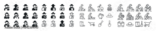 Diverse farm icon set: farmers, tools, agriculture activities