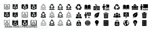 Recycling and education icons set: books, people, and environmen
