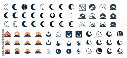 Collection of diverse moon and mountain icons in various artisti