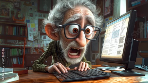 Shocked Elderly Man Staring at Computer Screen