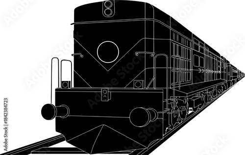 Train Locomotive Silhouette Vector. Detailed Railway Engine in Black Filled Style. Editable Outline Illustration.