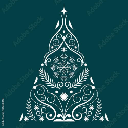 Christmas card. Christmas tree composed of elegant calligraphic swirls