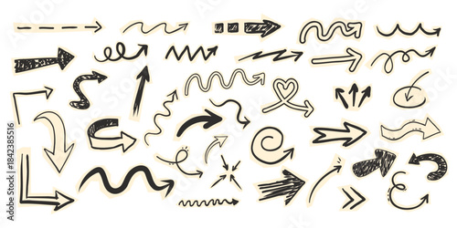 Scrapbook set with paper arrow cutout torn doodle scribble collage elements. Y2k swirl, up and down, right and left arrow collection.