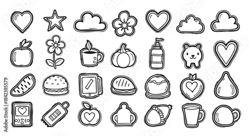 Collection of Hand Drawn Doodle Icons with Hearts and Food Elements