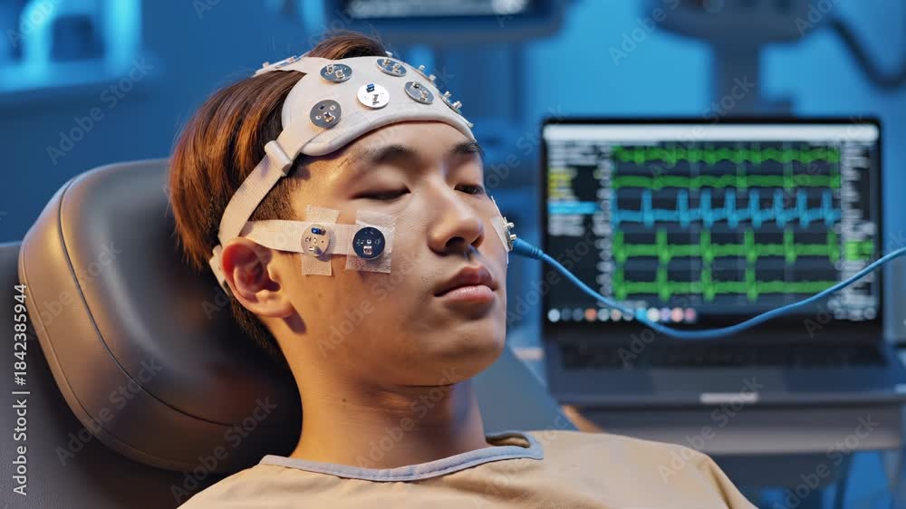 Patient undergoes EEG brain examination with electrode headset in ...