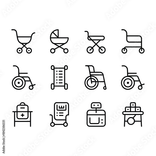 Medical Doctor Wheelchair Beds and Healthcare Service Line Icon Set Vector Illustration