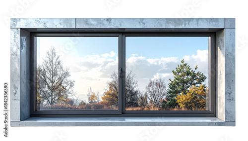 Modern window frame with double-glazed glass, aluminium borders, isolated on transparent background, photorealistic product-style rendering