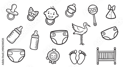 Cute Baby Icons Black and White Cartoon Style Illustration Design